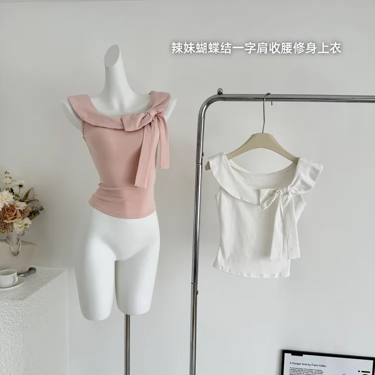 Lazy didi松下悠理 凉感莱赛尔三穿上衣蝴蝶结一字肩老钱收腰短袖