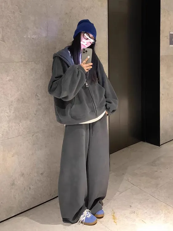 加绒超厚卫衣运动套装女春秋冬慵懒风宽松阔腿裤休闲两件套