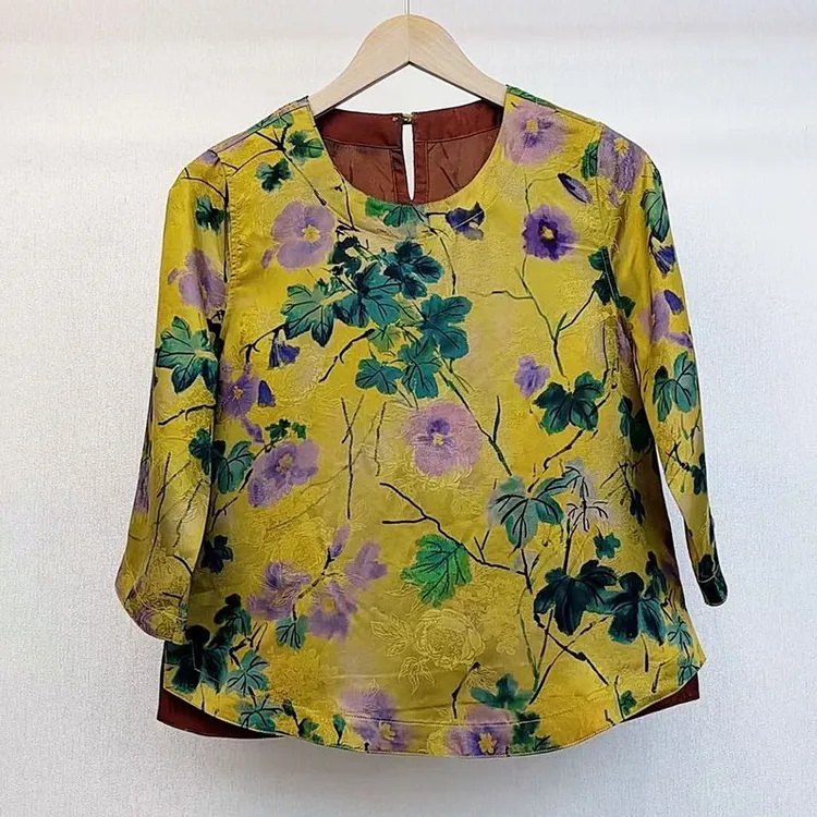 【阿邦香云纱】100%桑蚕丝T恤长袖圆领上衣女小衫女复古夏季新中式