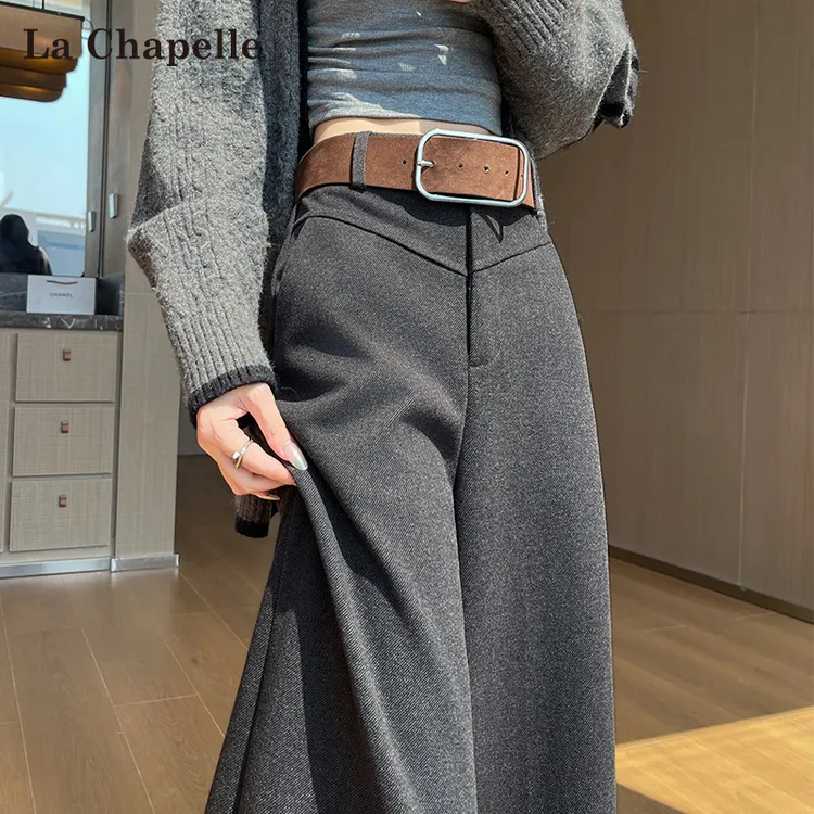 拉夏贝尔灰色毛呢阔腿裤女秋冬2025新款小个子高腰垂感直筒西装裤