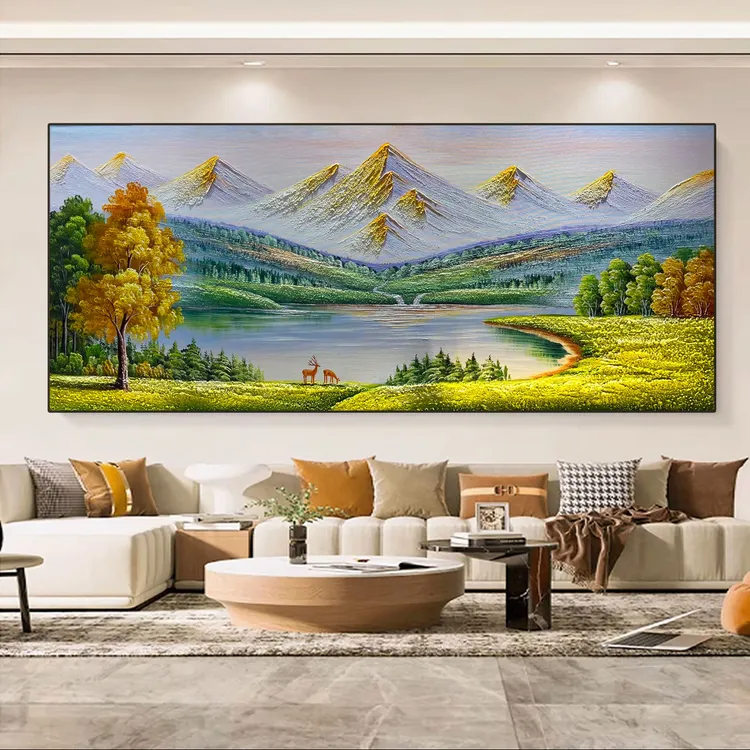 SF 56《金山小鹿》手工油画装饰画客厅大横幅沙发轻肌理油画