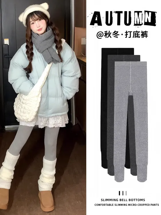 灰色竖纹瑜伽打底裤女秋冬加绒加厚高腰显瘦小个子外穿连袜鲨鱼裤