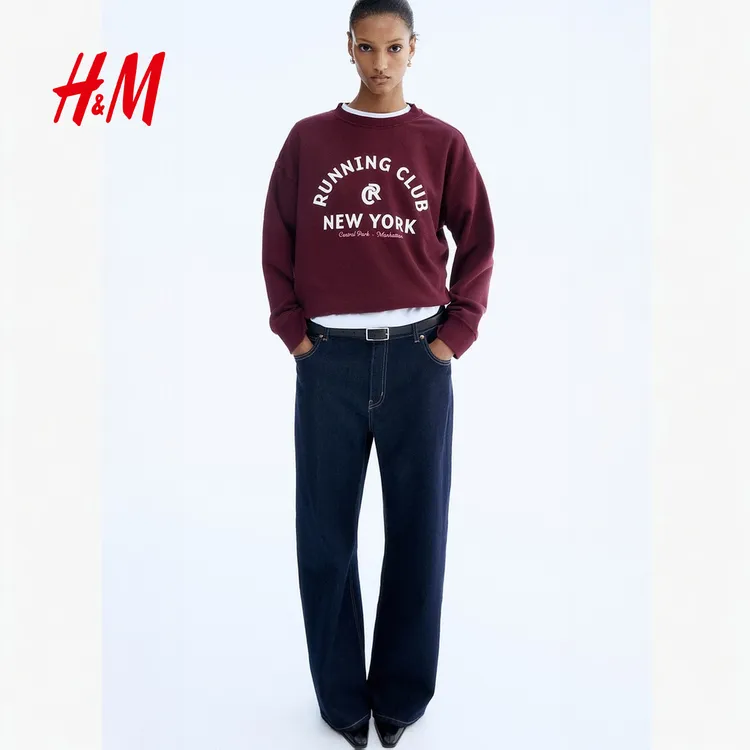 HM女装卫衣2025年秋季新款慵懒风红色保暖印花美式套头衫1267555