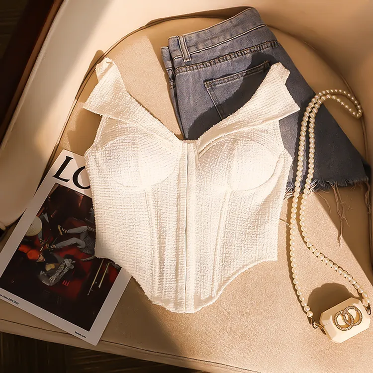 辣妹一字肩吊带背心女夏性感鱼骨胸衣束腰带胸垫短款抹胸上衣