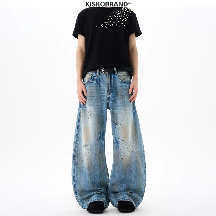 YUGEBF美式高街脏染破洞水洗弯刀牛仔裤男女设计感宽松潮牌裤子