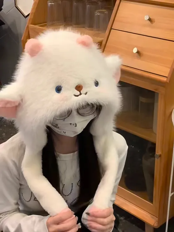 可爱卡通耳朵会动小羊加厚保暖毛绒帽子女冬季防寒护耳网红雷锋帽