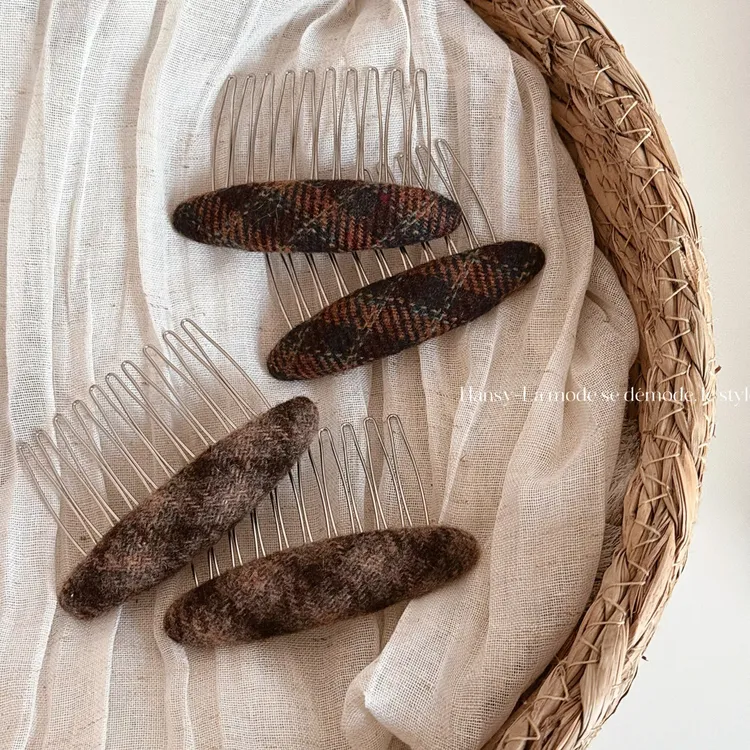 复古格纹发夹椭圆碎发插梳实用百搭发梳碎发盘发器倒插梳头饰发饰