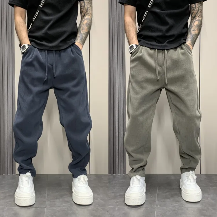潮流条绒加绒长裤纯色冬季条绒休闲裤秋冬小脚裤修身弹力裤子男士
