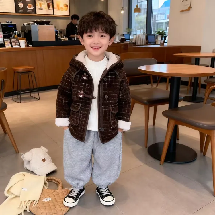 儿童呢子外套中长款冬装加绒男童呢大衣2025新款加厚格子宝宝上衣