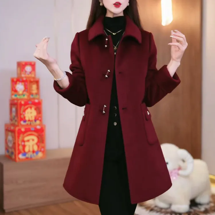 翻领双面穿中长款羽绒内胆毛呢外套女2025冬新款减龄修身保暖大衣