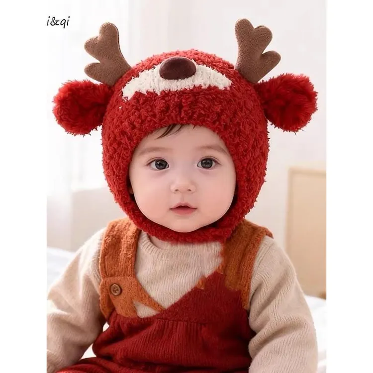 婴儿帽子秋冬季加厚羊羔毛鹿角男女童宝宝护耳新年红色幼儿加厚帽