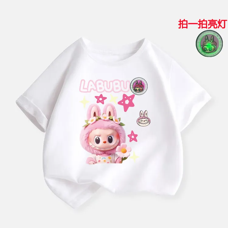 【亮灯款】国潮卡通拉布布儿童白色短袖T恤夏季女童纯棉女孩上衣潮