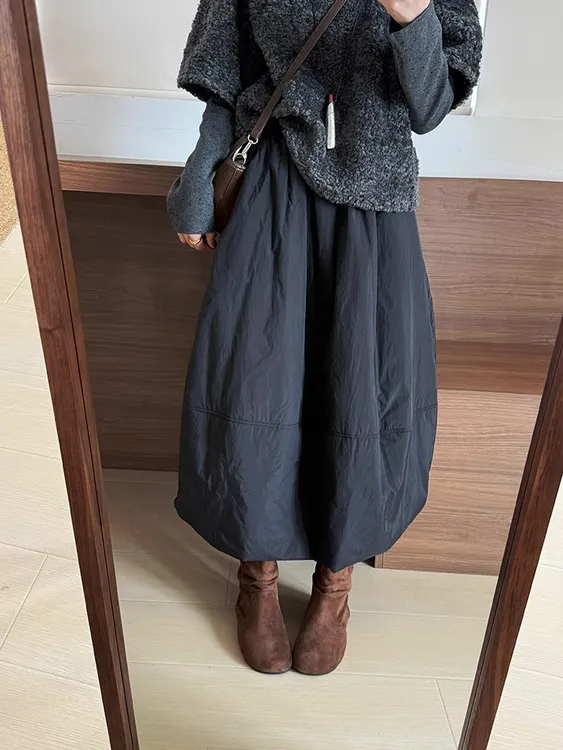 减龄小个子夹棉长款花苞裙2025冬季新款韩版保暖简约风百搭半身裙