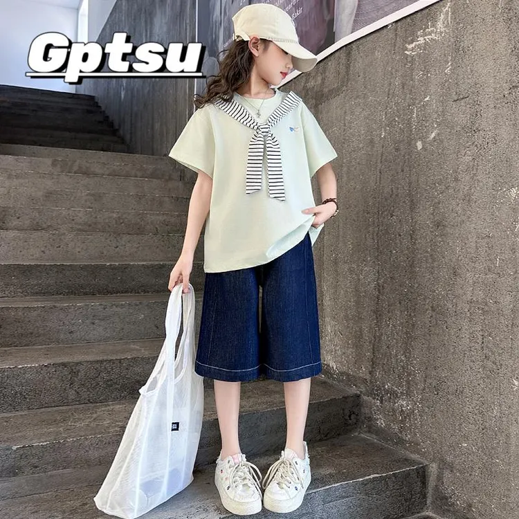 GPTSu女童夏装短袖套装2025新款洋气夏季学院风T恤牛仔中裤两件套