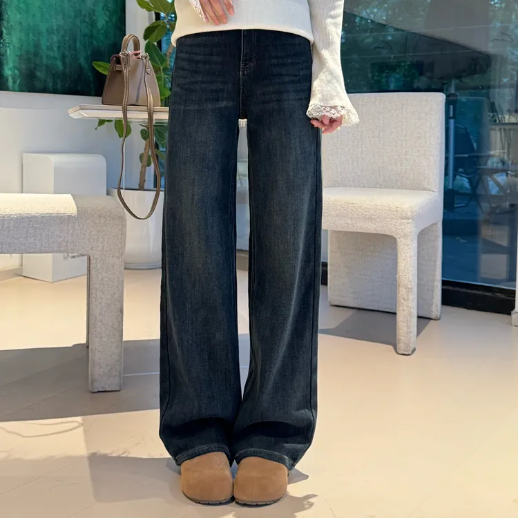 宿慕SUMU百搭加绒牛仔直筒裤2025新10-27显瘦窄版阔腿牛仔裤35100