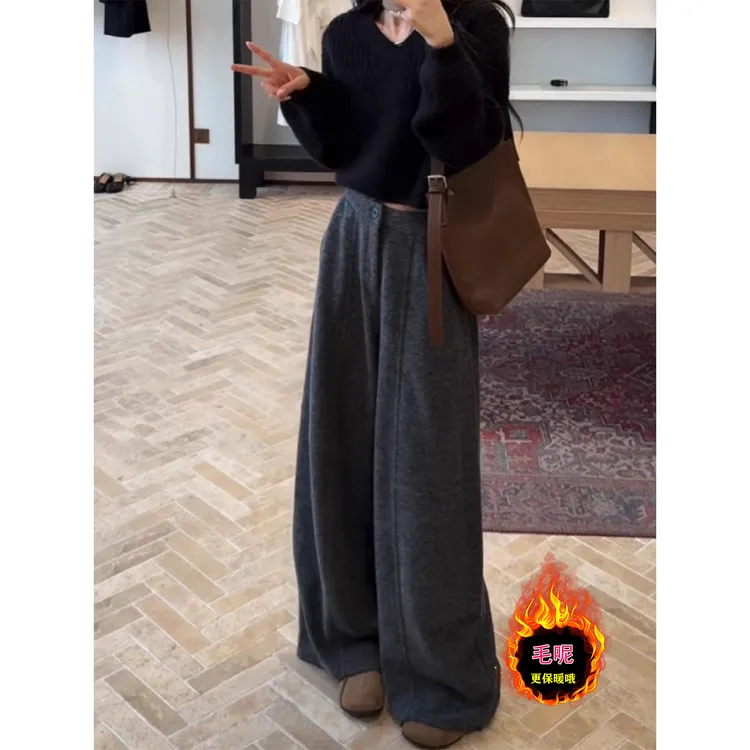 深灰色休闲毛呢直筒裤女加厚秋冬新款大码梨形身材高腰显瘦阔腿裤
