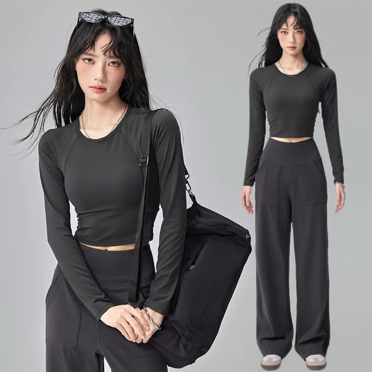 带胸垫短款运动上衣女修身显瘦健身衣弹力长袖训练跑步速干瑜伽服