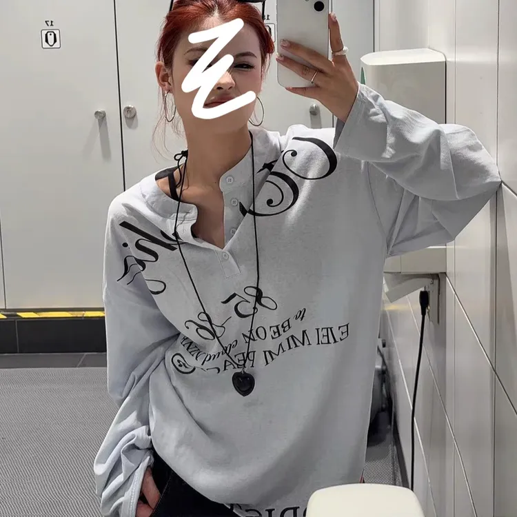 美式复古纽扣亨利领长袖罩衫T恤女秋季轻薄慵懒风防晒上衣潮N