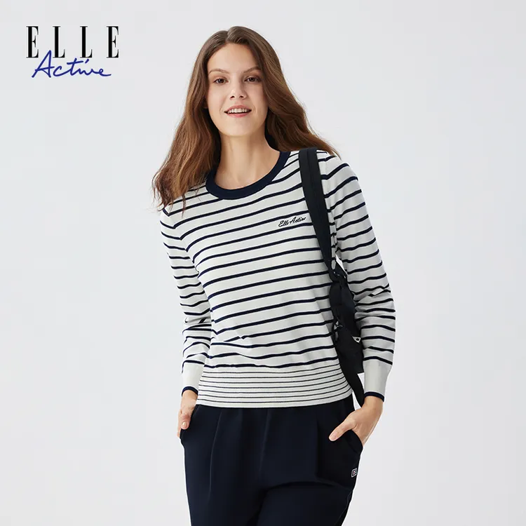 ELLE Active秋季新款条纹长袖针织衫女士百搭慵懒风套头上衣显瘦