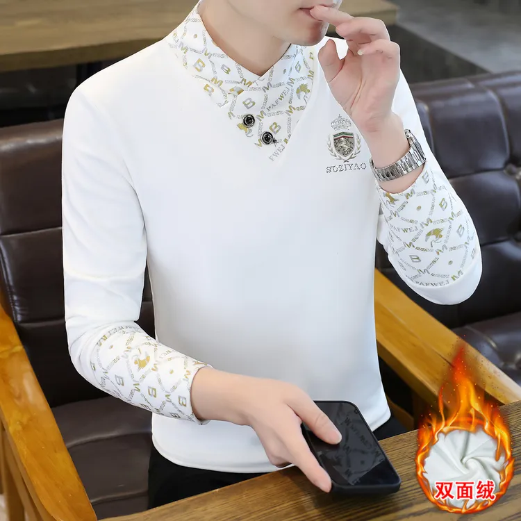 秋冬季德绒长袖男士保暖打底衫潮流加厚双面绒卫衣男士时尚提花男