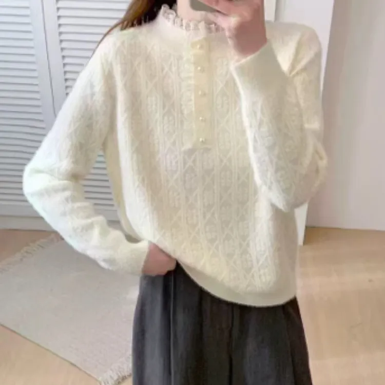 花边领扣貂绒百搭打底衫