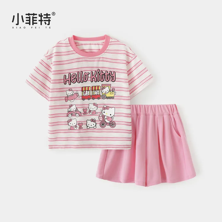 小菲特夏季新款女童卡通套装中大童条纹短袖短裤两件套BGTX51512