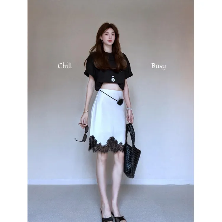 parkyeon夏季新款圆领短袖T恤上衣设计感高腰蕾丝拼接半身裙套装