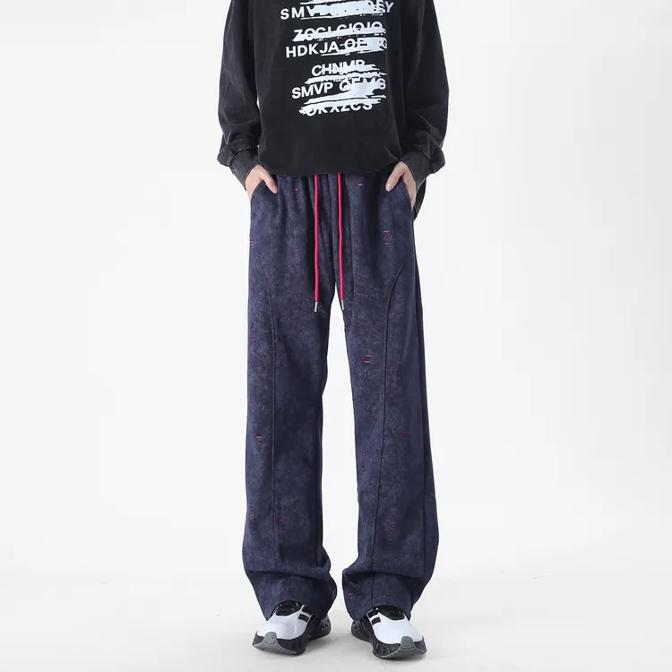 York Zoom秋季新款美式破坏扎染水洗运动卫裤长裤男直筒百搭透气