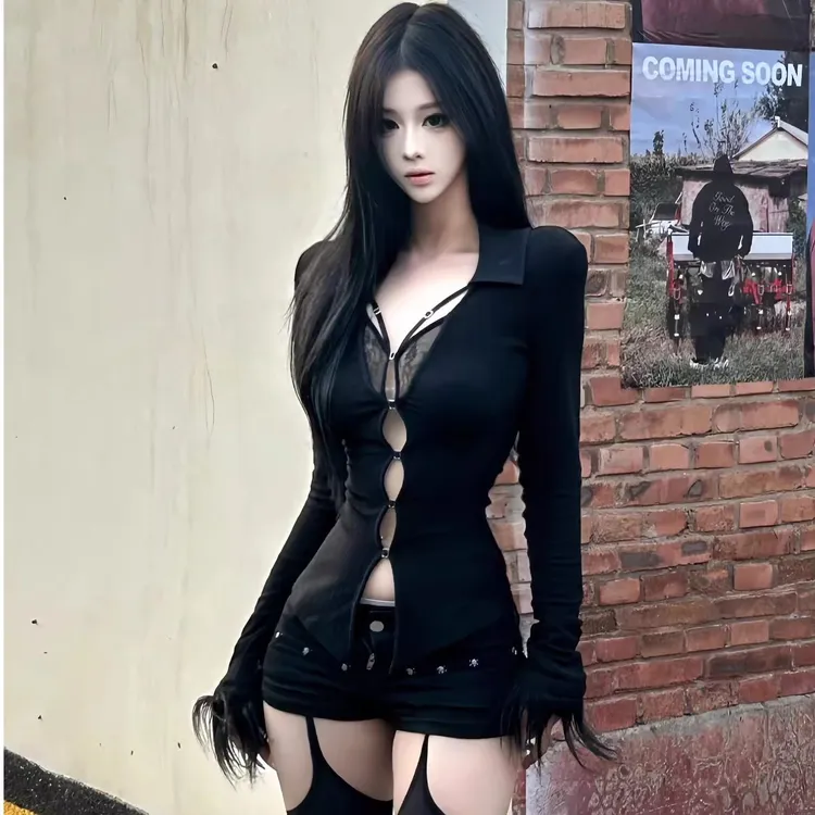 多巴胺美式辣妹v领镂空长袖T恤蕾丝拼接财阀千金修身网红性感上衣