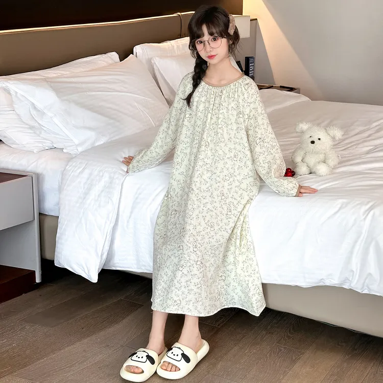 儿童睡裙女童春秋季棉纱长袖卡通公主裙子睡衣大童女孩纯棉家居服