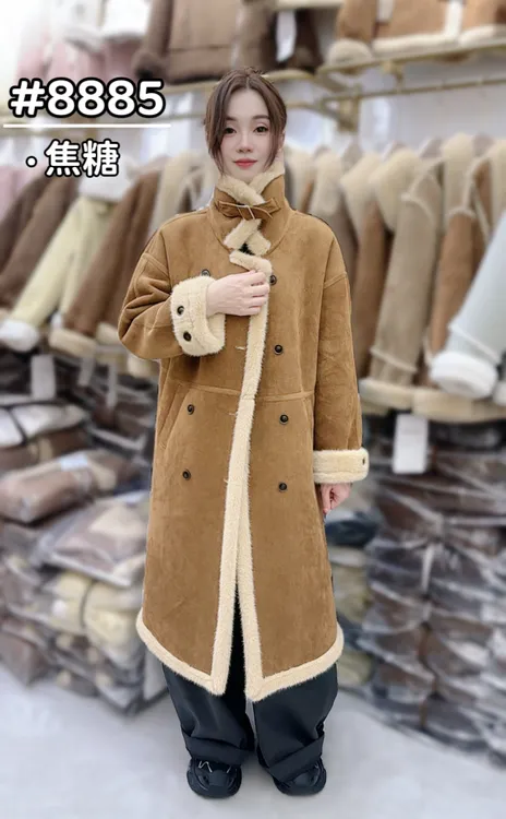 8885韩版ins风双排扣长款机车服加厚皮毛一体外套