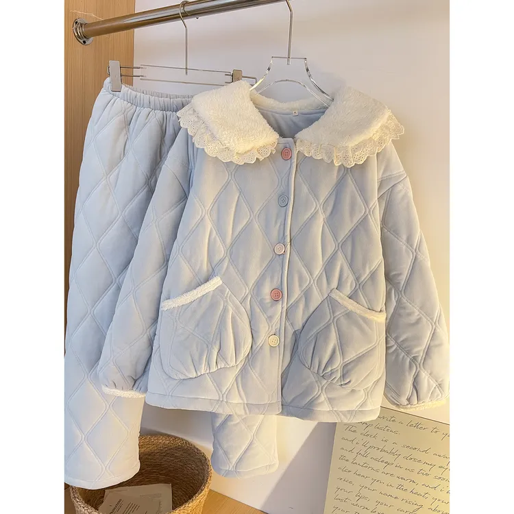 可爱娃娃领拼接蕾丝夹棉睡衣女秋冬季加厚棉服外套休闲居家服套装