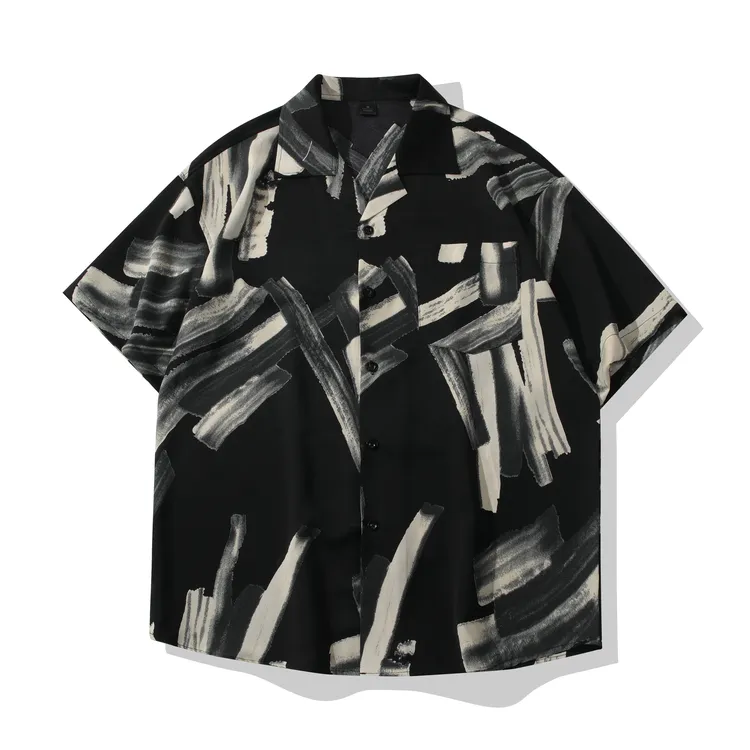 条纹复古冰丝衬衫男夏季冰丝短袖衬衫古巴领宽松透气垂感衬衣男装