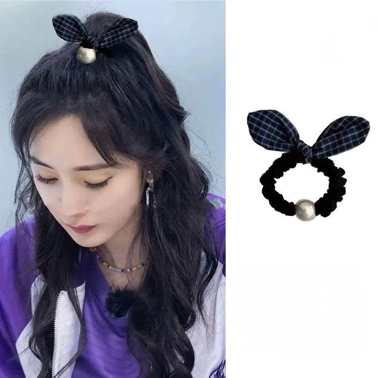 杨幂同款复古格子条纹蝴蝶结发圈皮筋绑发扎马尾发绳珠珠头绳发饰