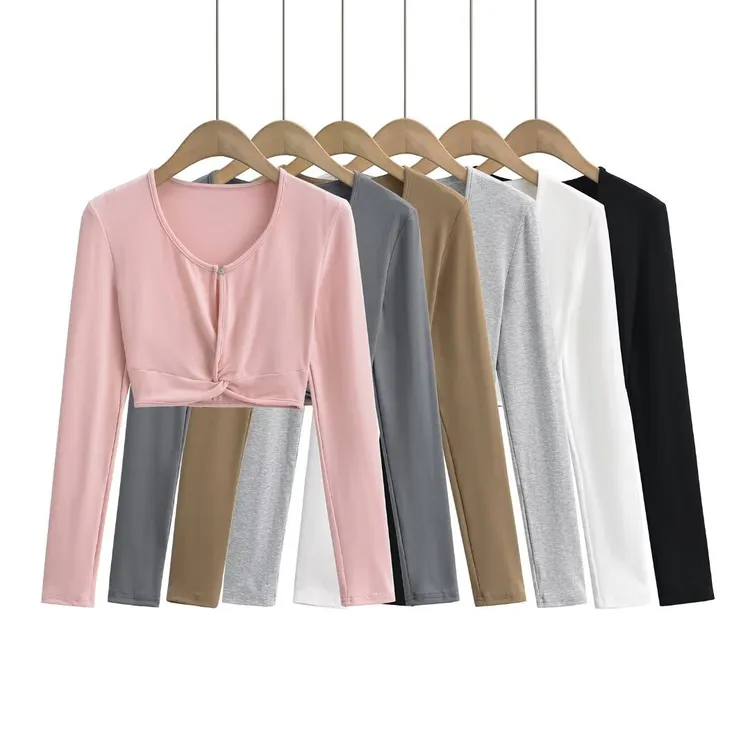 2025新款美式辣妹性感圆领半襟一粒扣扭结露脐长袖潮流T恤打底衫