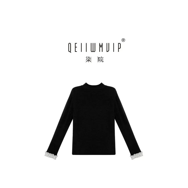 QEIIWMVIP/柒院冬季重工钉珠蕾丝边设计感气质长袖打底衫7618