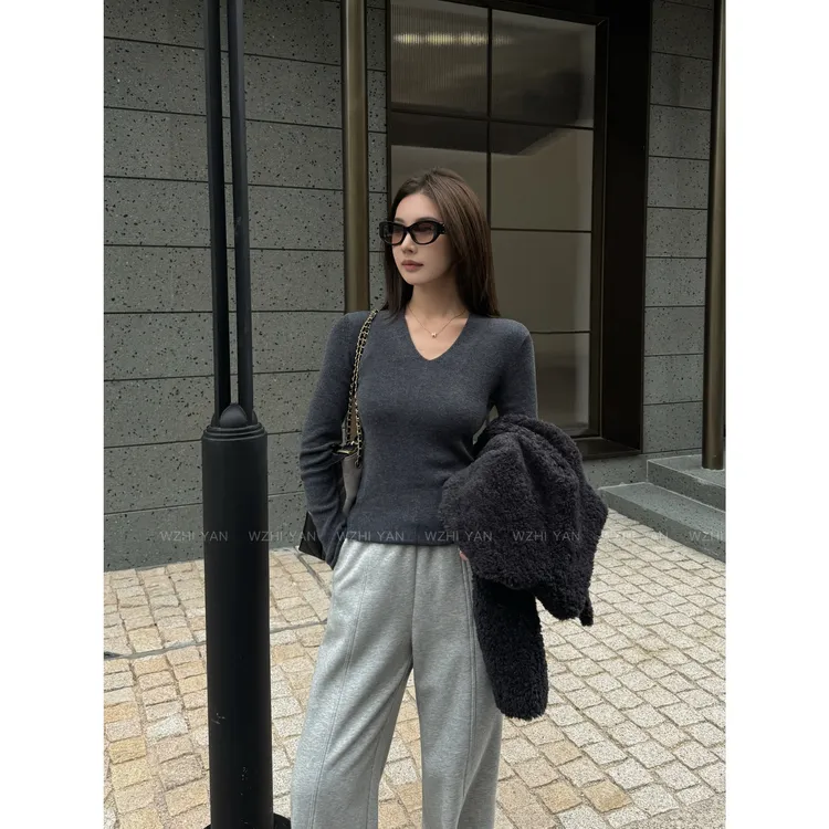 【木槿云舒】“Y毛衫"高品质奢感V领气质极简百搭长袖打底T恤M2638