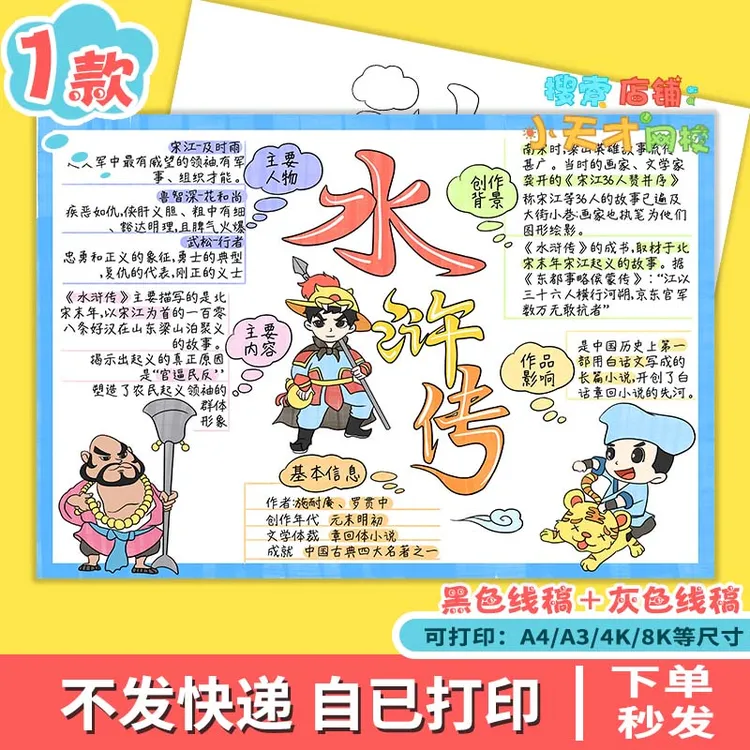 水浒传思维导图手抄报电子模板四大名著好书推荐读后感小报f591