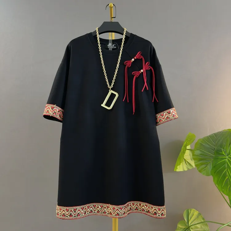 国风新中式盘扣圆领民族风宽松遮肉苹果型身材大码女装半袖上衣