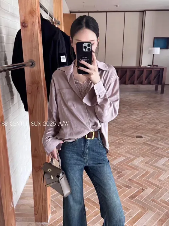 （全额运补）法式气质蕾丝拼接翻领长袖衬衫纯欲慵懒风女装上衣119