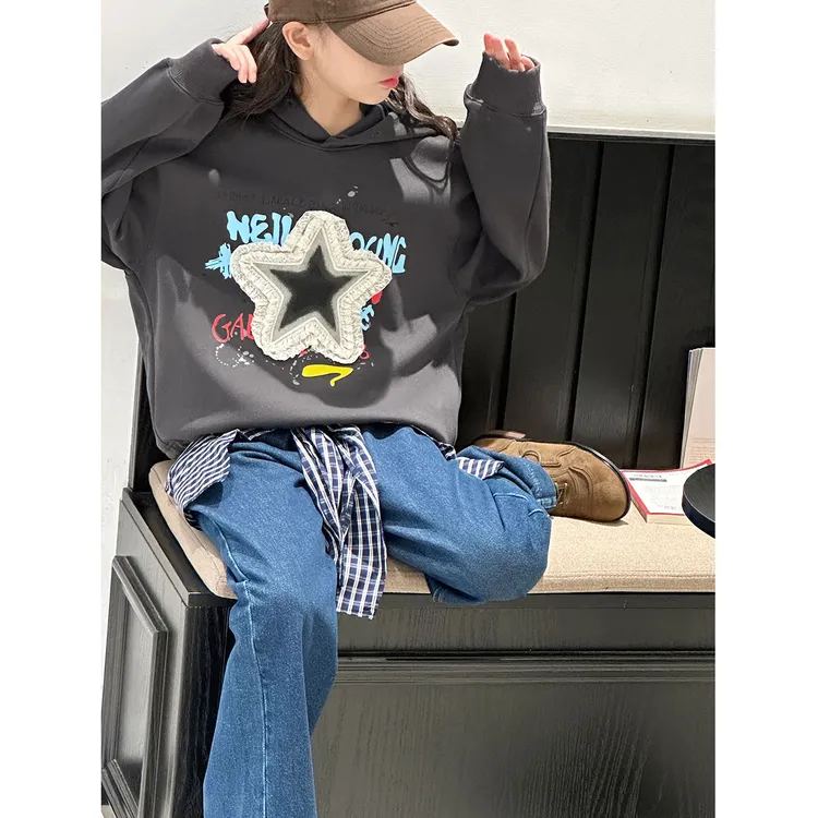 K29722孙小美美式复古女童连帽卫衣2025新款秋装儿童宽松上衣服潮