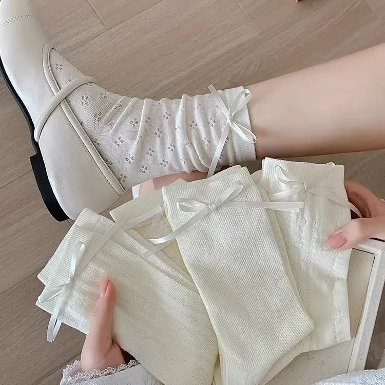 白色蝴蝶结袜子女堆堆袜薄款女夏季中筒搭配玛丽珍小皮鞋洛丽塔LQ