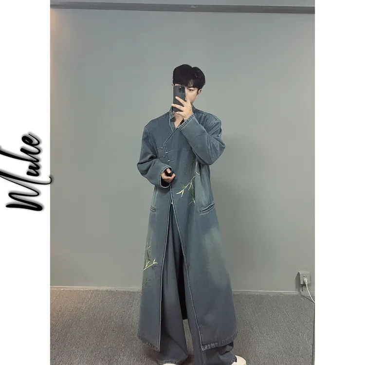 MUHE  原创中式国风竹子刺绣款牛仔秋冬大衣！男女同款2202