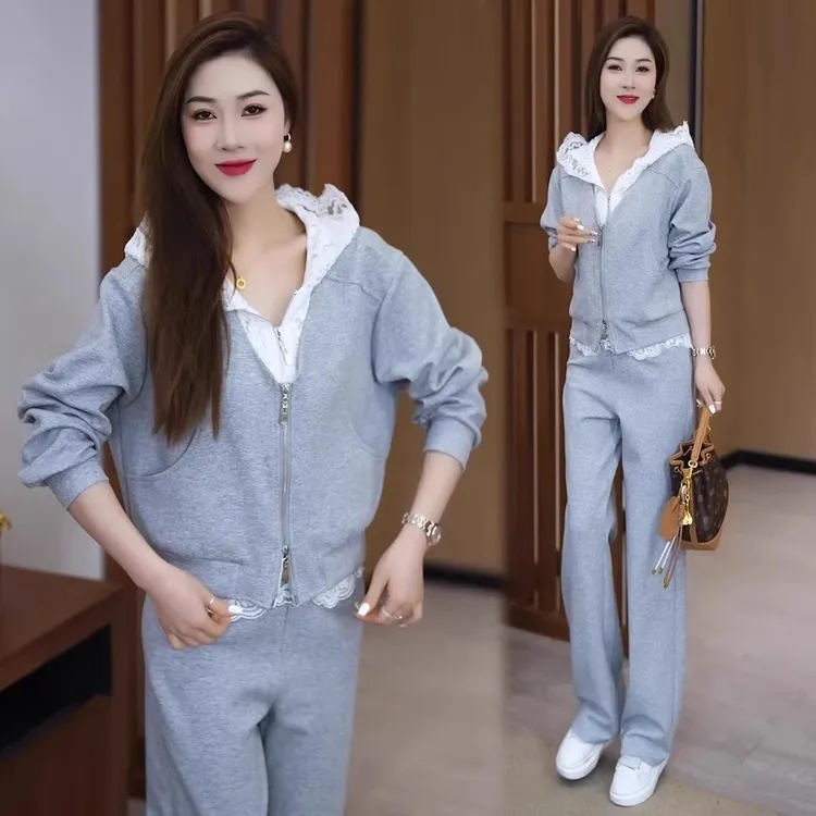 La babite 时尚休闲套装春秋蕾丝拼接假两件卫衣外套阔腿裤两件套