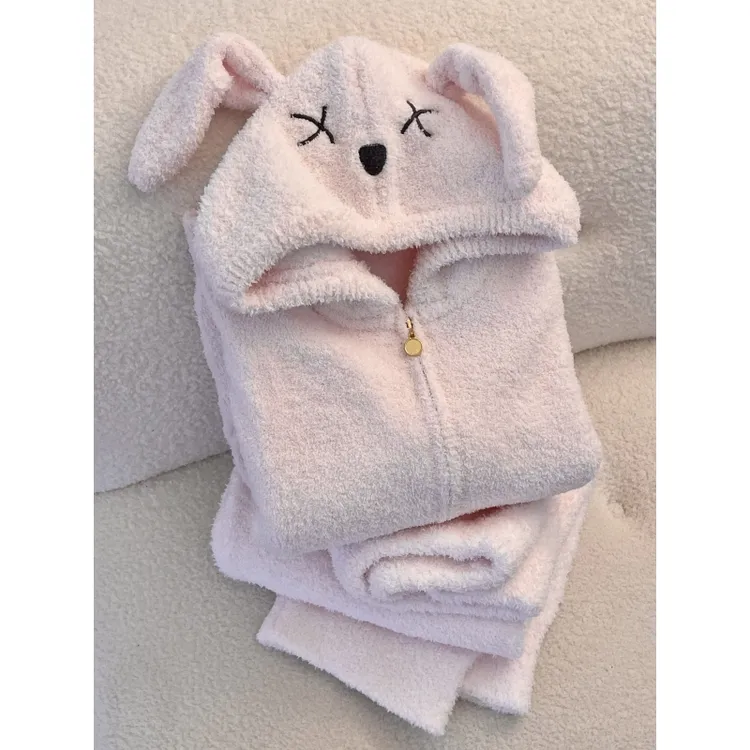 少女可爱兔子半边绒连帽睡衣女秋冬季保暖针织套装慵懒风家居服