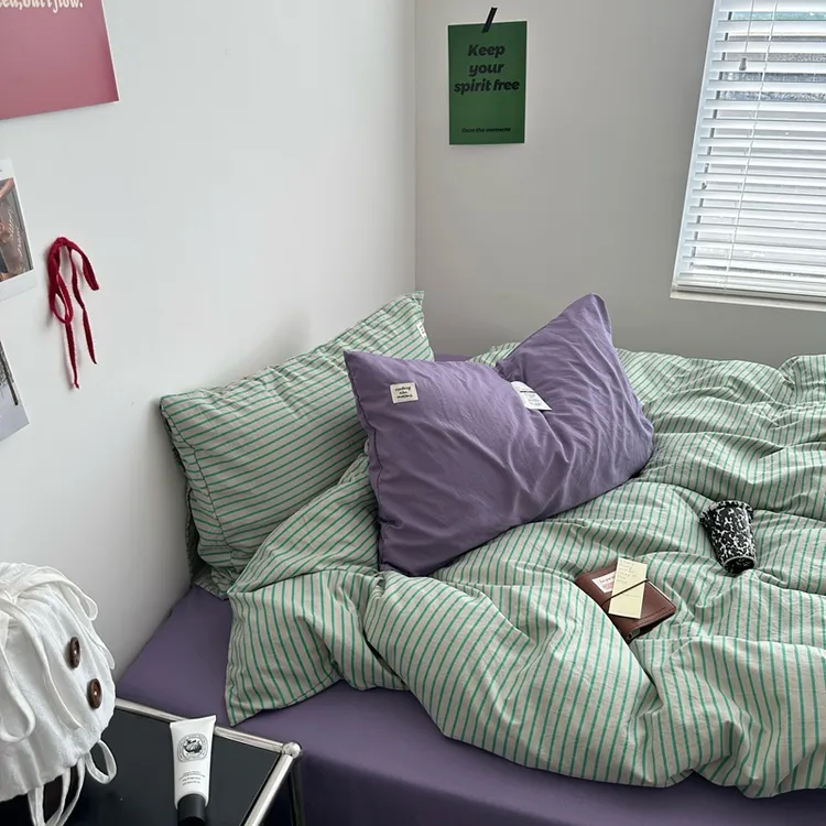 ins风新款中古风条纹床上床单床笠四件套床单被套学生宿舍三件套