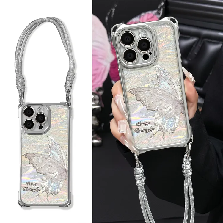 适用于苹果16华为OPPO小米VIVO高级感潮流四角挂绳手机壳YA0164