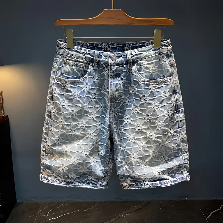 Cebrodz夏季高端提花短裤男2025年新款潮流复古做旧休闲牛仔中裤
