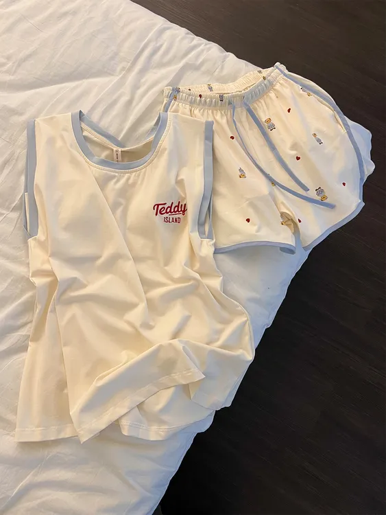 温柔治愈风卡通熊带胸垫睡衣女夏款舒适无袖背心短裤家居服两件套