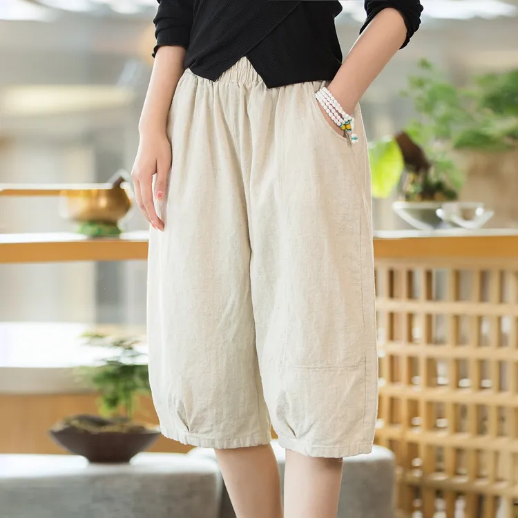 夏季休闲宽松苎麻五六分裤新款文艺复古显瘦松紧腰棉麻直筒裤中裤